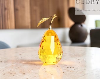 Yellow Crystal Pear Paperweight, K9 Crystal Fruit Ornament, Brass Leaf Detail