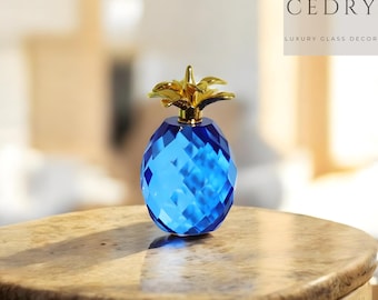 Blue Crystal Glass Pineapple Figurine, Tropical Tabletop Decor