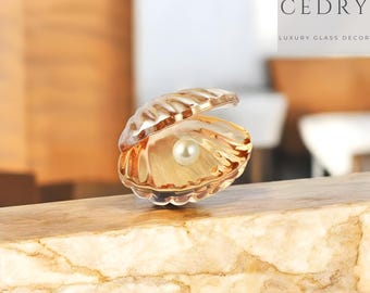 Peach Glass Clamshell Figurine, K9 Crystal, Beachy Home Decor