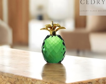 Green Crystal Glass Pineapple Figurine, Brass Accent, Tropical Decor
