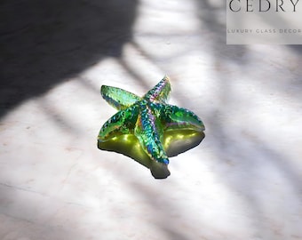Iridescent Green Glass Starfish Figurine, Tropical Home Decor