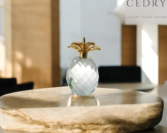 Crystal Glass Pineapple Figurine, Brass Accent, Tropical Decor