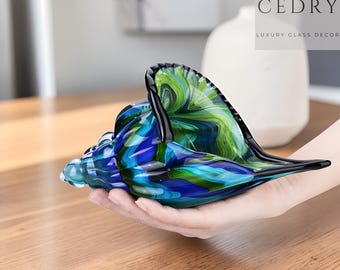 Blue Green Glass Conch Shell Paperweight, K9 Crystal Tropical Decor, Caribbean Inspired Beach Glass