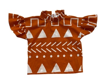 Malia Ruffles Shirt/ Orange Mudcloth, camisa de niña, camisa de volantes de niñas, camisa de verano, camisa de tela de barro, moda sostenible