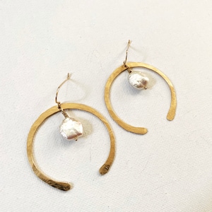 Pearl Dew Drop Earrings, gold half circle earrings, pearl earrings, bridal earrings, Gold half circle earrings image 1
