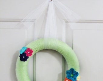 Crochet Wrapped Wreath CROCHET PATTERN instant download - yarn wrap flowers tutorial