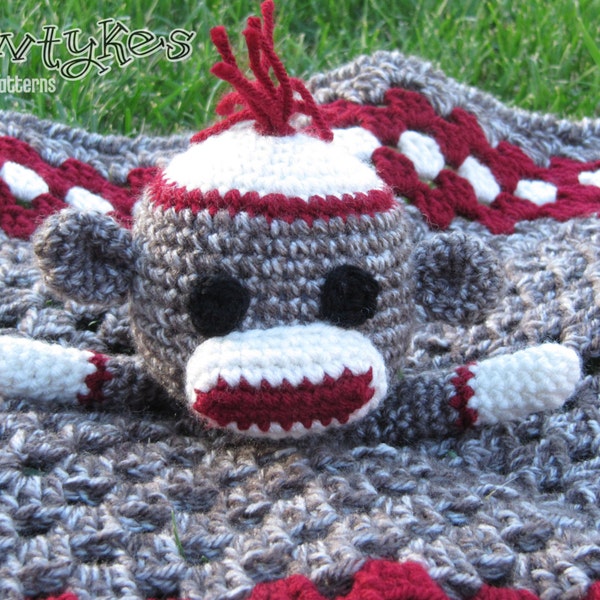 Sock Monkey Lovey - CROCHET PATTERN instant download  - blankey, blankie, security blanket