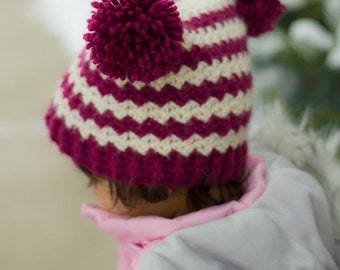 Chevrons and Pom-Poms Hat CROCHET PATTERN instant download - beanie