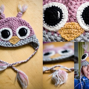 Hooty Owl Hat CROCHET PATTERN instant download with sleepy, plain eyes, and eyelashes image 5