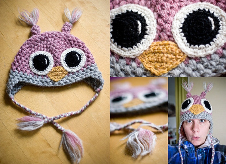 Hooty Owl Hat CROCHET PATTERN instant download with sleepy, plain eyes, and eyelashes image 5
