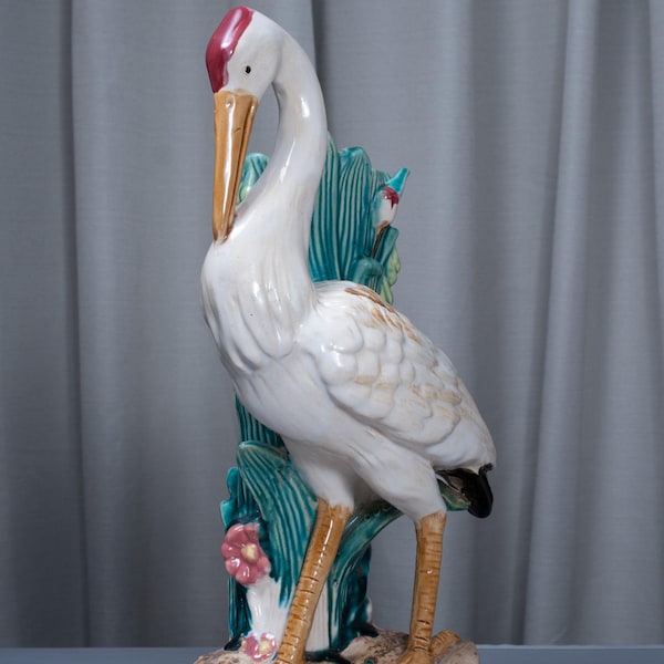 Victorian Majolica Stork Pottery Vase 17" Tall Vintage