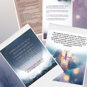 May include: An image featuring several pages with text and illustrations. The pages have titles like "EL ARTE DE LA ACTIVACION" and "LIMPIEZA DE LOS NUEVE DÍAS CON CODIGOS SAGRADOS DE AGESTA." The background is a mix of purple and blue with a few white bubbles.