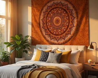 Arazzo Mandala Boho: decorazione murale con medaglione floreale, tessuto in poliestere arancione e marrone.