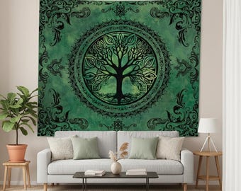 Tree of Life Mandala Tapestry, Green Boho Wall Hanging, Hippie Nature Decor