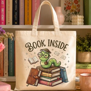 Book Lover Tote Bag, Book Inside Canvas Bag, Book Club Gift for Reader, Literary Tote, Back To School bag for women, Literature Teacher Gift