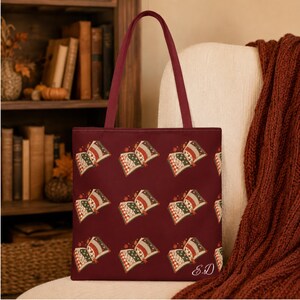 Personalized Fall Tote Bag, Bookish Gift, Custom Canva Tote Bag With Initial Name, Book Patch Pattern Tote, Fall Book Allover Print Tote