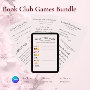 Puede incluir: Un paquete de juegos imprimibles para clubes de lectura. La imagen muestra varias hojas de juego con títulos como "Trivia Challenge" y "Bookish Scavenger Hunt". Una tableta muestra un desafío de emoji. El texto incluye "Editable in Canva" e "Instant Download".