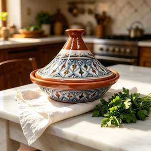 Hand-Painted Moroccan Ceramic Tagine 30cm | Flame-Proof Stovetop Oven Clay Pot