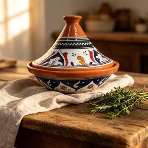 Könnte beinhalten: Eine Tajine aus Terrakotta mit einem konischen Deckel, der handgemalte blaue, rote und gelbe Blumenmotive auf weißem Grund aufweist. Die Basis ist eine breite, flache Schale mit passenden blauen und roten dekorativen Mustern.