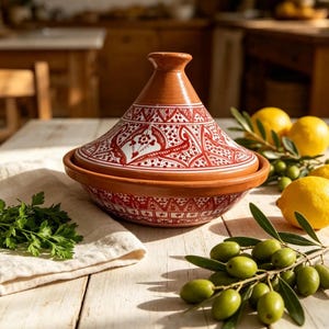 Könnte beinhalten: Ein Tajine-Kochgefäß aus Terrakotta mit einem konischen Deckel und einem breiten Boden, die beide mit komplizierten roten und weißen geometrischen und floralen Mustern verziert sind. Der Tontopf hat eine glatte Oberfläche und einen Knauf.