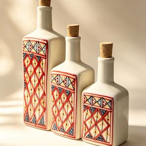 Handbemalte tunesische Keramik-Olivenöl-Flasche im Roten Mandala-Design, Handgemachte Küchen-Karaffe mit Korken, mediterrane Einweihungsparty-Geschenk