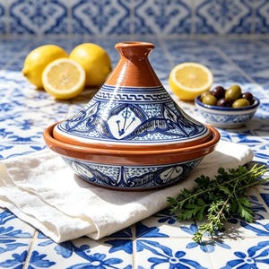 Könnte beinhalten: Eine Tajine aus Terrakotta mit einem konischen Deckel, der mit komplizierten, handbemalten blauen und weißen geometrischen und floralen Mustern verziert ist. Die Basis ist eine breite, flache Schale mit passenden Motiven und Glasur.