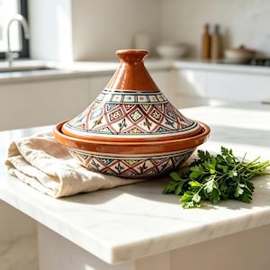 Könnte beinhalten: Ein Tajine-Kochgefäß aus Terrakotta mit einem konischen Deckel und einem breiten Boden, beide verziert mit handgemalten geometrischen Mustern in Schwarz, Rot, Blau und Gelb, begleitet von einem gefalteten beigen Tuch und frischer Petersilie.