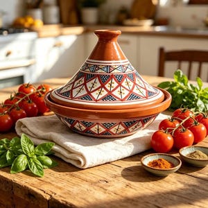 Könnte beinhalten: Ein Tajine-Kochgefäß aus Terrakotta mit konischem Deckel und breitem Boden, beide verziert mit einem handgemalten geometrischen Muster in Rot, Blau und Weiß. Der Keramiktopf hat eine glatte Oberfläche und einen markanten, spitz zulaufenden Griff.