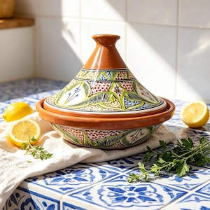 Handbemalte marokkanische Keramik-Tajine | Feuerfester Tontopf (30 cm)
