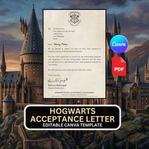 May include: A Hogwarts acceptance letter template with the Hogwarts crest at the top. The letter is addressed to Harry Potter and includes the text "Hogwarts School of Witchcraft and Wizardry." The image also includes a Canva and PDF logo.