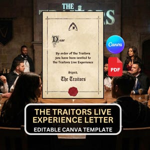 May include: A parchment-style letter with the text "Dear" and "By order of the Traitors you have been invited to the Traitors Live Experience." The letter is sealed with a red wax stamp and includes the text "The Traitors." The image also includes the text "THE TRAITORS LIVE EXPERIENCE LETTER EDITABLE CANVA TEMPLATE."