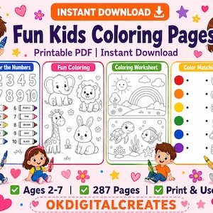 Peut inclure: Téléchargement numérique coloré intitulé "Fun Kids Coloring Pages". L'image présente diverses activités de coloriage, notamment l'association des chiffres, des pages de coloriage amusantes avec des animaux, une feuille de coloriage et l'association des couleurs. Le texte "Print & Use" et "Ages 2-7" est inclus.