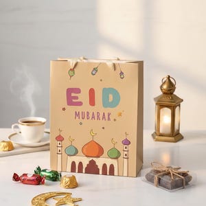 Puede incluir: Una bolsa de regalo beige con las palabras "EID MUBARAK" en letras coloridas y un diseño de mezquita de dibujos animados. La bolsa está sobre una mesa con una taza de café, caramelos, una luna creciente dorada, una linterna y una caja de golosinas.