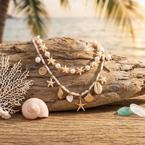 Strand Charme Halskette, Layered Seestern Muschel Halskette, Küsten Schmuck für Frauen, Sommer Ozean Halskette, Perle Perlen Halsband