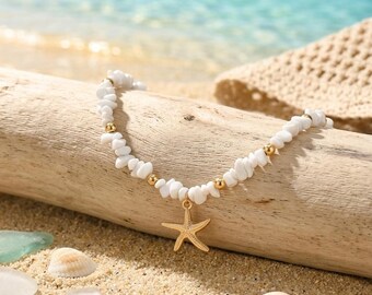 Seestern Muschel Halskette, Strand Choker Halskette, weiße Perlen Küsten Schmuck, Ozean inspiriert Halskette, Sommer Strand Accessoire, Geschenk für sie