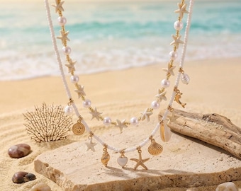 Strand Charme Halskette, Layered Seestern Muschel Halskette, Küsten Schmuck für Frauen, Sommer Ozean Halskette, Perle Perlen Halsband