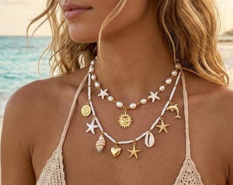 Strand Charme Halskette, Layered Seestern Muschel Halskette, Küsten Schmuck für Frauen, Sommer Ozean Halskette, Perle Perlen Halsband
