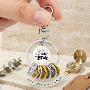 Puede incluir: Un llavero de metal plateado con un dije circular grabado con el texto "time to travel" y un pequeño icono de avión. En la argolla principal cuelgan varios anillos más pequeños, alternando tonos plateados y dorados, grabados con nombres de países.