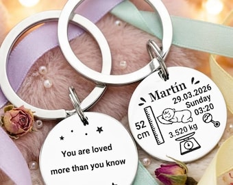 Personalisierte Baby Geburt Schlüsselbund, benutzerdefinierte Neugeborenen Statistik Schlüsselring, Name Datum Gewicht Höhe Zeit, neue Mutter Geschenk, neue Papa Geschenk