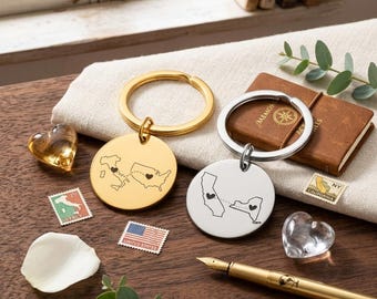 Benutzerdefinierte Landkarte Schlüsselbund, Fernbeziehung Geschenk, personalisierte Staaten Länder Schlüsselbund, Paar Geschenk, immer unter dem gleichen Himmel