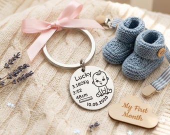 Personalisierte Baby Geburt Schlüsselbund, benutzerdefinierte Neugeborenen Statistik Schlüsselring, Name Datum Gewicht Höhe Zeit, neue Mutter Geschenk, neue Papa Geschenk