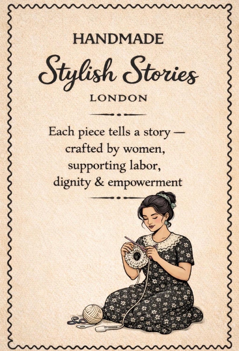 May include: Illustration of a woman crocheting, with text that reads "HANDMADE Stylish Stories LONDON." The text also states "Each piece tells a story - crafted by women, supporting labor, dignity & empowerment."