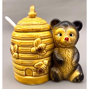 Vintage Bear Beehive Honey Pot with Spoon, Made in Japan Ceramic Jar