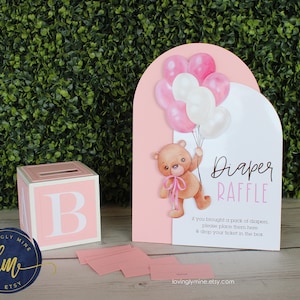Diaper Raffle Game Set, Teddy Bear Raffle Box With Tickets, Baby Pink ...