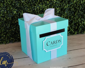 Card Box with Sign Light Teal Aqua & White |  Gift Money Box for Any Event | Wedding | Bridal Shower | Birthday | Baby Shower | Graduation