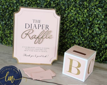 Diaper Raffle Game Kit with Sign and Mini Card Box in Blush Pink and Gold Foil | Baby Shower Game