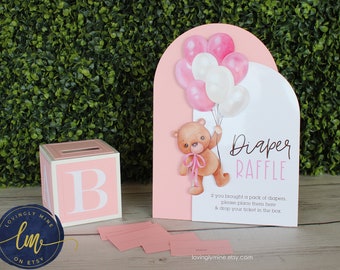 Diaper Raffle Game Set, Teddy Bear Raffle Box with Tickets, Baby Pink, Brown and White