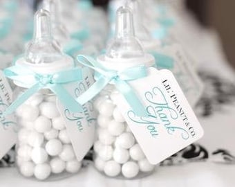 Baby & Company Baby Shower Favors in Aqua and White - Baby Bottles -  Set of 12 - Light Teal, Stork and Company