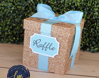 7 inch Mini Cards Box Baby Blue Ribbon & Champagne Glitter  - Baby Shower Bridal, Birthday, Advise Box, Game Box, Raffle Box