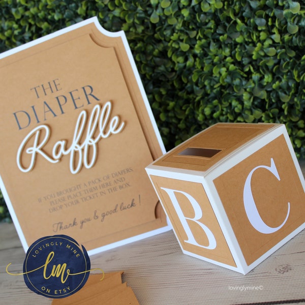 Diaper Raffle Game Kit with Sign and Mini Card Box in Kraft Brown and White | Baby Shower Game, Natural, Neutrals, Ivory, Sand, Browns